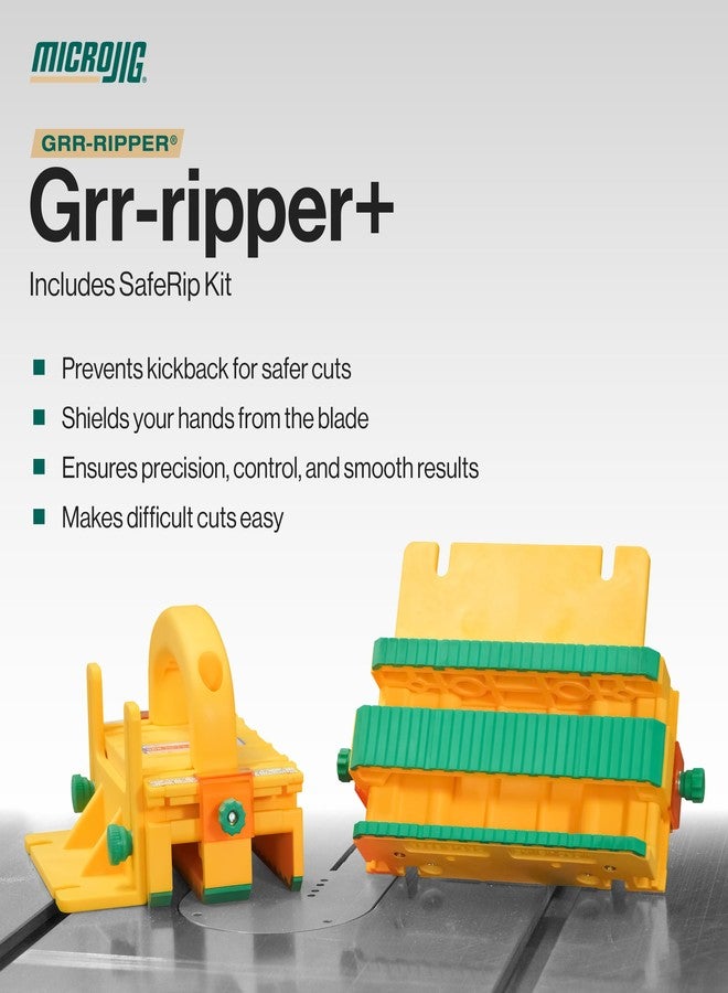 MICROJIG GRR-RIPPER+ by Microjig. Includes SafeRip Kit. Fully Adjustable 3D Push Block for Table Saws, Router Tables, Band Saws, and Jointers. (SKU: GR-100+) Yellow/Green - Image 2